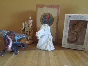 lot 92 image: Fairy dragons NIB, Nemo Thomas dragon NIB Rubber Toy dragon FF 1980 Ceramic candle dragon Castle oil burner