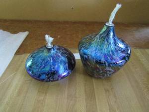 lot 108 image: 2 glass eye multi color wick oil burners