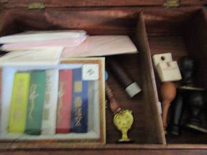 lot 132 image: Hand carved wooden box with mini chinese items