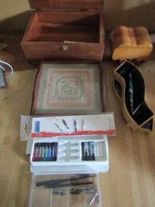 lot 136 image: Trinket box, embroidered bed tray Puncnellas pen set plus ink
