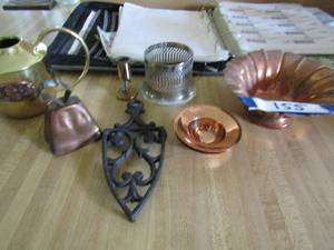lot 155 image: Gold plated tea pot no top metal hot pot holders 3 copper bowls