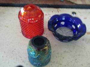 lot 177 image: Orange fairy light top only, blue Fenton fairy light with Jesus carved in it