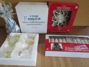 lot 224 image: 10 clip on tree candles with remote NEW 2 boxes of hummingbird ornaments, tree topper angel and star