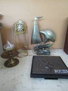 lot 234 image: Plaque, brass sail boat, and lantern