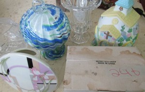 lot 246 image: Crystal bowls  ceramic house    blue glass ball