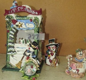 lot 277 image: Blue sky- Let it snow globe, teddy bear and snowman