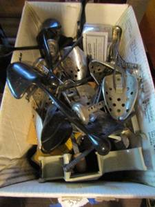 lot 330 image: Box of metal and wood shoe stretchers