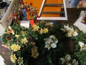 lot 331 image: Christmas lot- HM wooden tree, assorted bells, wreaths and more