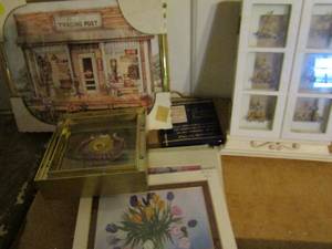 lot 336 image: 8x10 trading post art x 2, shell shadow box and Police plaque