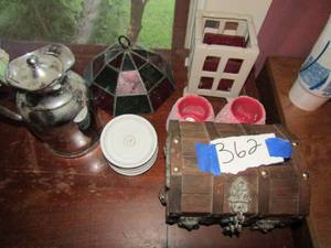 lot 362 image: mini wooden chest, silver tea pot set of 5 coasters and stained glass shade