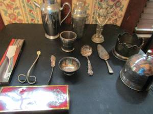 lot 375 image: Silver plated- teapot martini shaker, nutcracker, serving utensils, bowls and 3 angel ornaments