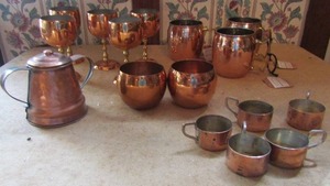 lot 380 image: Copper lot-3 large mugs, 5 goblets, 2 small cups, 5 votive cups and serving container