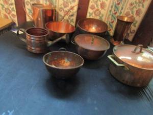 lot 381 image: Copper lot- 2 watering cans 3 serving bowls,  vase 2 pots with lids