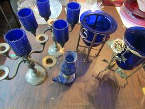 lot 394 image: Cobalt blue glassware- 2 large vases, candle holders, figurines