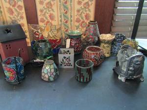 lot 399 image: Stained glass lot of candle holders and vases, porcelain light up house and cat candle holder