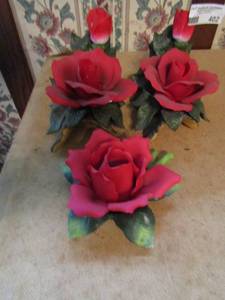 lot 402 image: 2 matching rose porcelain figurines labeled PS limited 1994 1 ceramic rose candle holder Sadek