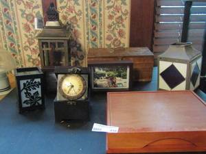 lot 416 image: Clock in a box 2 wooden storage boxes 2 hanging candle holders and more