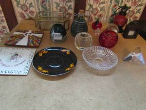 lot 418 image: Glass lot- trinket box candle holders, paperweight, and more