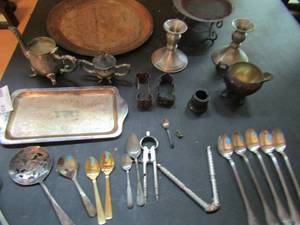 lot 419 image: Silver  dishes, spoons, trays, cookie cutters candle holders, teapot and more