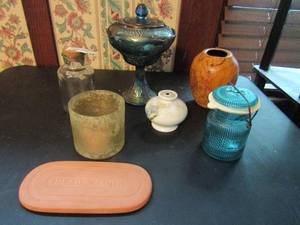 lot 424 image: Carnival glass candy dish with lid, oil lamp, wood vase, bottle and more