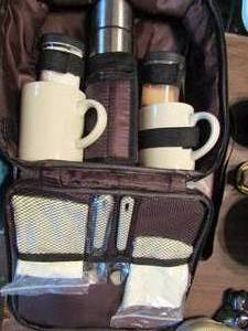 lot 438 image: Gevalia coffee kit- 2 mugs, 2 spoons, thermal sugarcreamer all in case