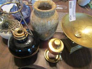 lot 439 image: Oil lamps, stone vase, ceramic and glass candle holders, metal bowl made in Israel