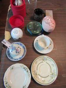 lot 447 image: Bone china saucers, glass trinkets, candle holders, and more