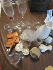 lot 453 image: Misc. glass lot- Champagne, oil lamps, beaker, vase wooden toy and more