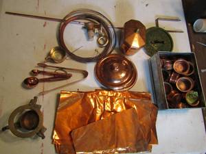 lot 452 image: Copper lot- sheets, wire, tongs, measuring spoons, tea light holders. Tea box, lids and candle base
