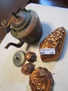 lot 459 image: Large copper tea kettle and 4 jello molds