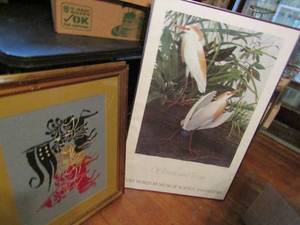 lot 465 image: Framed needlepoint horseknights 26x22 and Birds of texas art 36x24