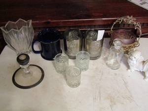lot 502 image: 3 diamond cut candle holders and 2 silver Walt Disney Glasses