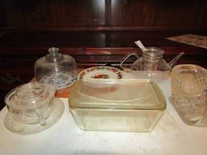 lot 503 image: Covered glass teapot and cupsaucer, W brand covered bread pand and lead crystal sleigh