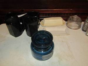lot 504 image: mugs, s&P shaker, Makers wax for cupcake plate covered and covered butter dish