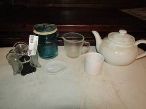 lot 506 image: White tea pot, green canister measuring cup and more