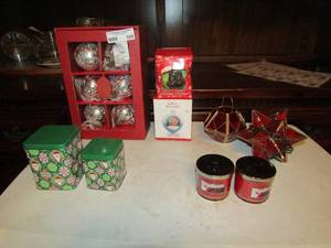 lot 508 image: 2 tins of tree hangers, candles ornaments and more