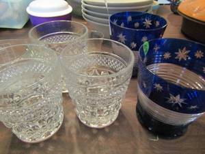 lot 519 image: 2 cobalt blue and clear glasses star cut glasses and more