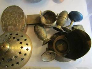 lot 524 image: Vintage copper items candle holders, egg shaped boxes dragon themed goblet and more