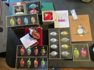 lot 533 image: Christmas ornaments -  Ne Qwa art ball in red box, 8 boxes of Celebrate It ornaments, mini tree topper, tea candles