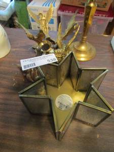 lot 538 image: metal copper lot stars happed candle holder, cat lion dog figurines,  3 angel candles and more