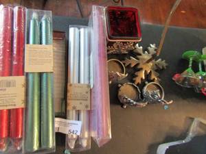lot 542 image: 4 packs of taper candles, 3 metal christmas tree candle holders and ceramic dragon candle holder