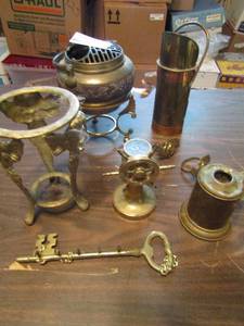 lot 566 image: Brass copper candle  holders,  napkin rings, key wall hanging and more