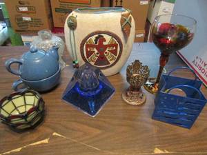 lot 568 image: Blue teapot and cup, Stained glass candle shade, Aztec themed vase with carving and more