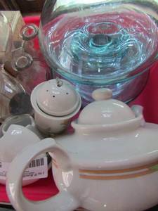 lot 586 image: 2 piece set blue glass oil lamp teapot and tea ball, hourglass and more