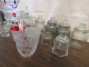 lot 593 image: Glass lot- jars with lids swan dish, tea light holders
