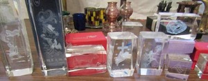 lot 595 image: Lot of 9 etched glass crystal paperweights dragons, cats, religious and more