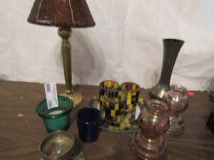 lot 596 image: Candle holder lot- stained glass, with plate,  metal base with shade, votive and more