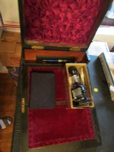 lot 617 image: Dark wood fold out writing desk plus portable keyboard and Bates numbering machine