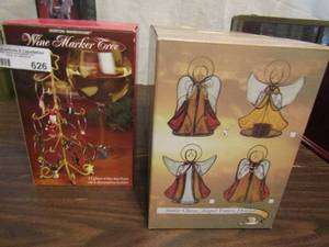 lot 626 image: 2 angel votive holders in box, Boston warehouse wine marker tree