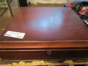 lot 629 image: Wooden desk box with key includes writing inks, pens and paper